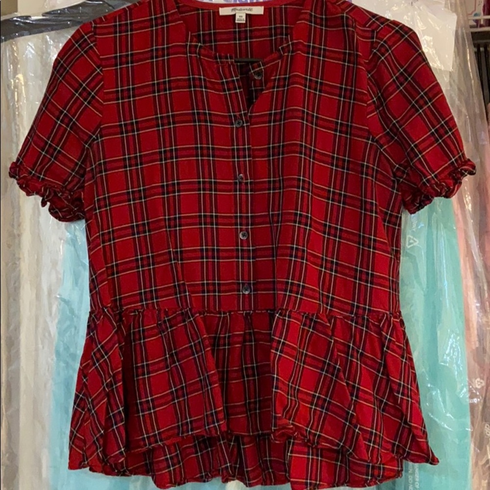Madewell red plaid peplum blouse sz xs